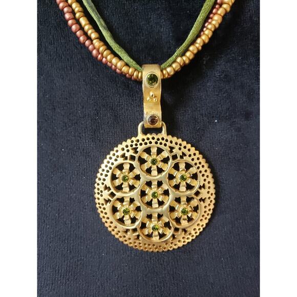 Women's Beaded Necklace Gold Filigree Pendant Lobster Clasp Boho Jewelry - Picture 3 of 5